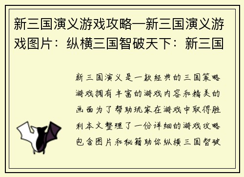 新三国演义游戏攻略—新三国演义游戏图片:纵横三国智破天下:新三国演义游戏攻略秘籍