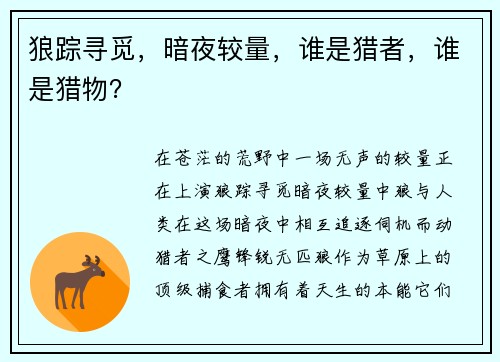 狼踪寻觅,暗夜较量,谁是猎者,谁是猎物?