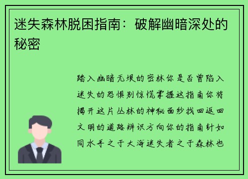 迷失森林脱困指南:破解幽暗深处的秘密