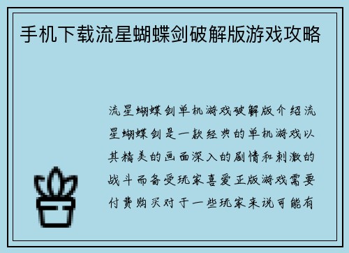 手机下载流星蝴蝶剑破解版游戏攻略